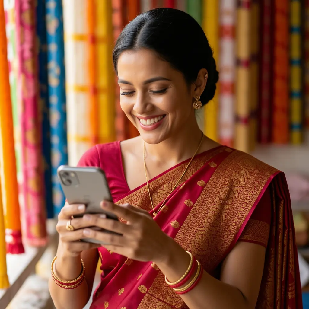 Smiling Malaysian woman enjoying the BC8 mobile casino app with colorful city lights behind her at night