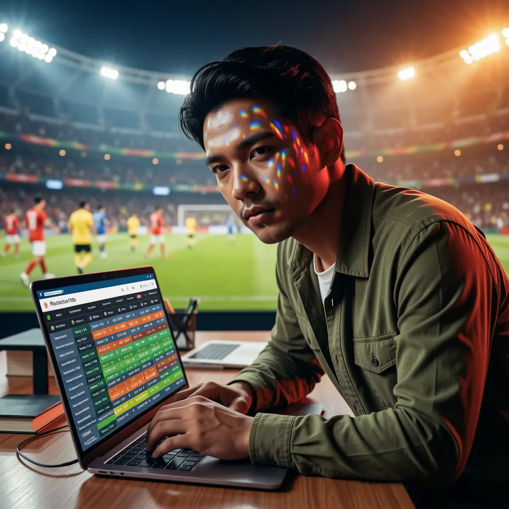 Focused Malaysian sports bettor using a laptop with live football markets while leaning forward in a dramatic stadium lighting scene on BC8