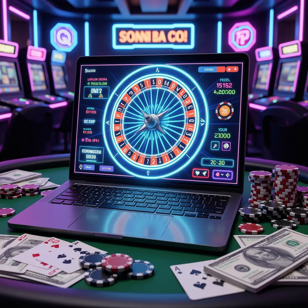 Modern laptop displaying a vibrant online roulette game surrounded by casino chips and cards in a neon casino setting showcasing the immersive gaming environment of BC8 for Malaysian players