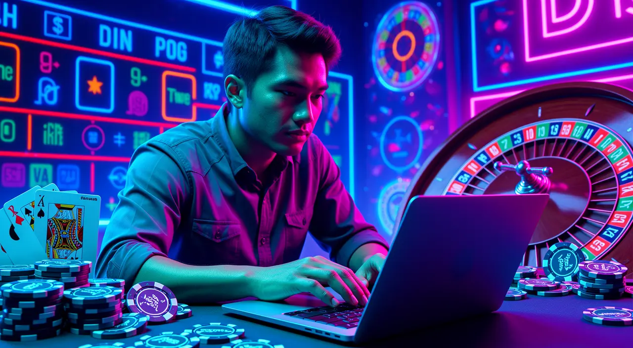 Focused online casino player working on a laptop with colorful poker chips and roulette graphics showcasing the immersive BC8 games experience for Malaysia