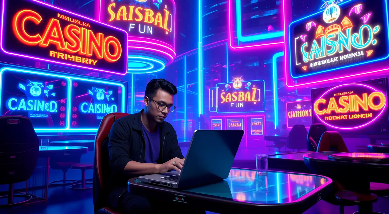 Focused online gamer playing on a laptop in a neon casino environment showcasing the immersive digital casino games experience at BC8 Malaysia