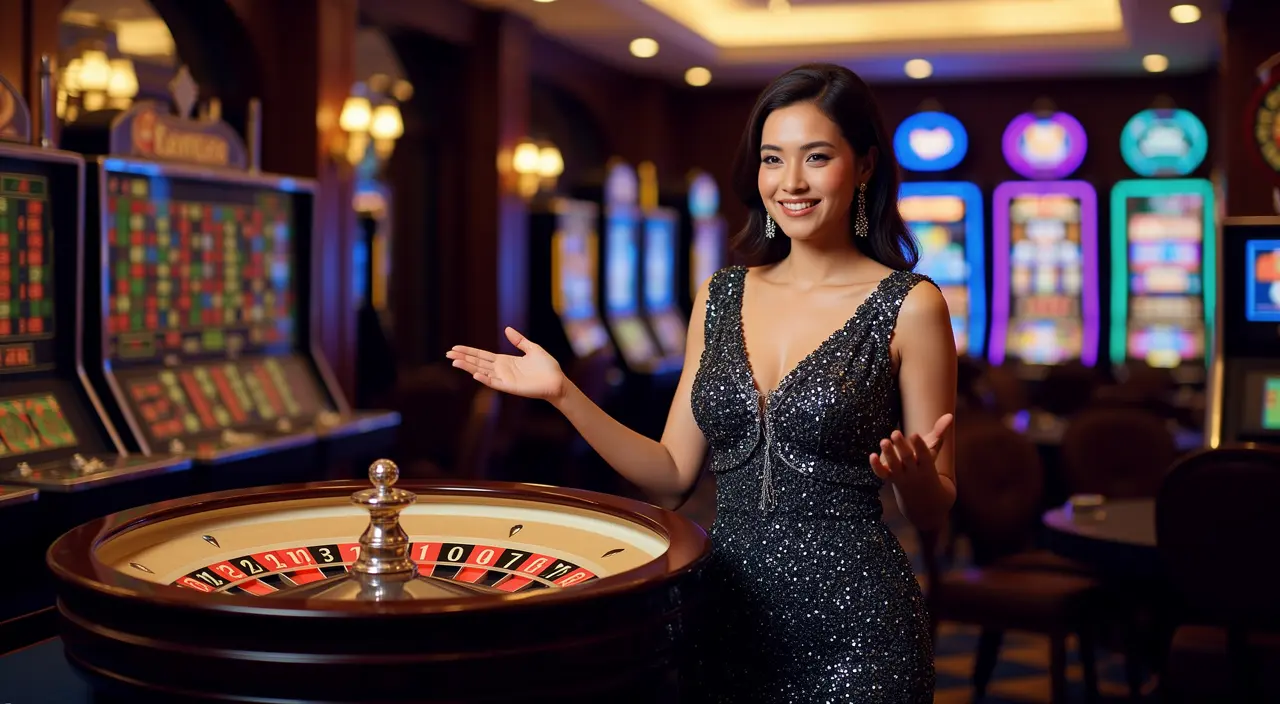 Professional female casino dealer in a glamorous black dress presenting a roulette table in a luxury casino setting at BC8 for players in Malaysia
