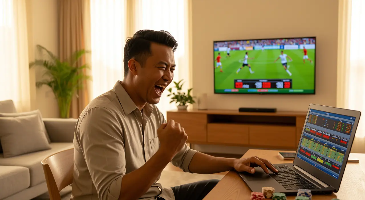 Excited Malaysian sports bettor celebrating a winning moment while placing live football bets on a laptop with BC8 at home
