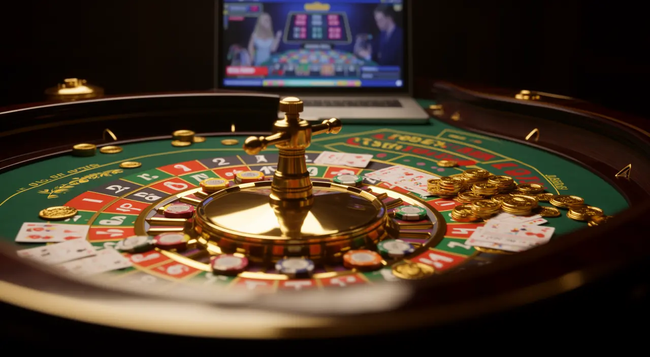 Modern online roulette gameplay on a laptop surrounded by casino chips and cards showcasing the immersive digital casino environment of BC8 in Malaysia
