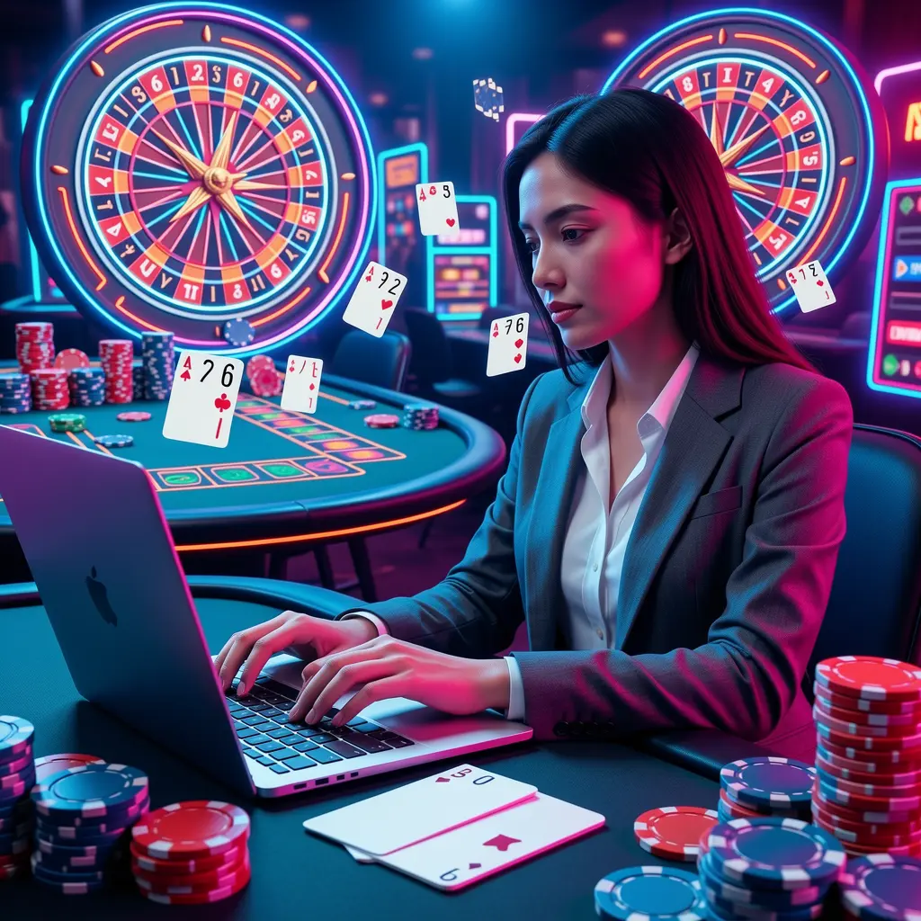 Stylized digital illustration of a focused player using a laptop surrounded by glowing casino chips and roulette graphics representing strategic online gaming on BC8 in Malaysia