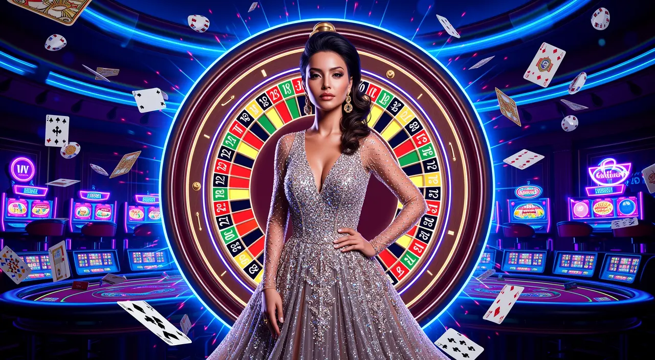 Confident casino hostess surrounded by spinning chips and a glowing roulette wheel creating a thrilling gaming mood at BC8 online casino Malaysia