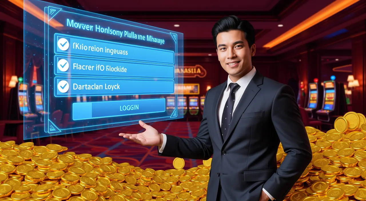 Confident casino dealer pointing forward with floating gold coins symbolizing opportunity and rewards at BC8 login in Malaysia