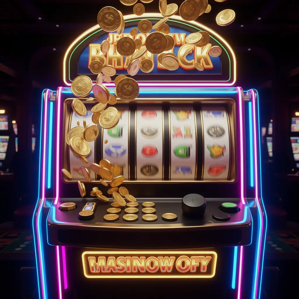Modern glowing slot machine with spinning reels and flying coins creating a dynamic casino scene highlighting the excitement of slot gaming at BC8 Malaysia