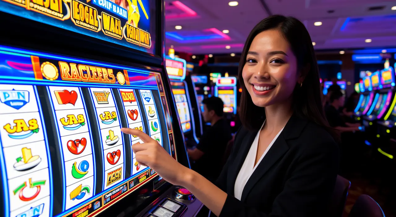 A joyful Malaysian woman in a hijab playing a glowing slot machine in a lively casino atmosphere at BC8 with colorful reels and neon lights