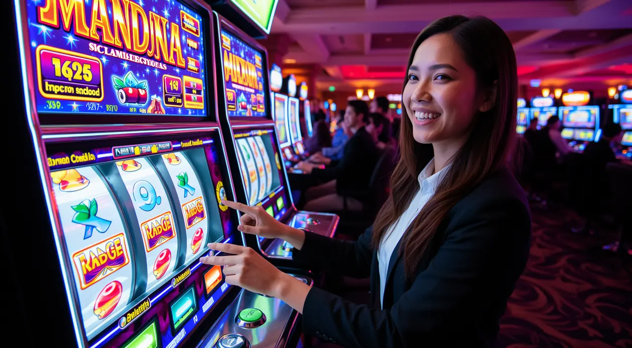 Excited female player enjoying colorful slot reels and casino lights while spinning slots on BC8 in Malaysia