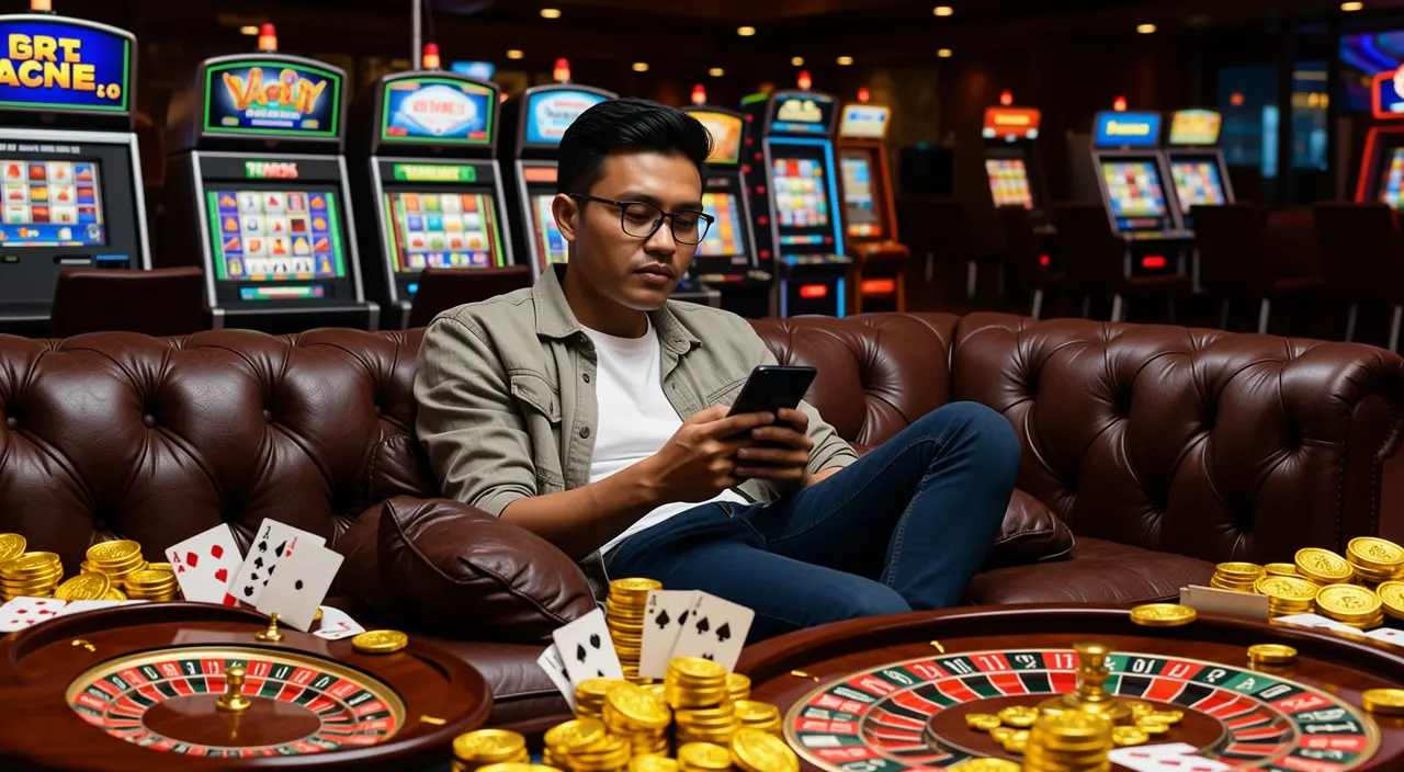 Focused Malaysian player using the BC8 casino app on his phone while sitting on a couch surrounded by roulette wheels playing cards and gold coins
