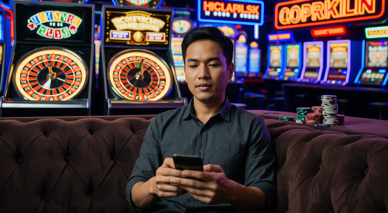 Focused Malaysian man using the BC8 casino app on his smartphone with glowing roulette wheels and poker chips creating a premium mobile gaming mood