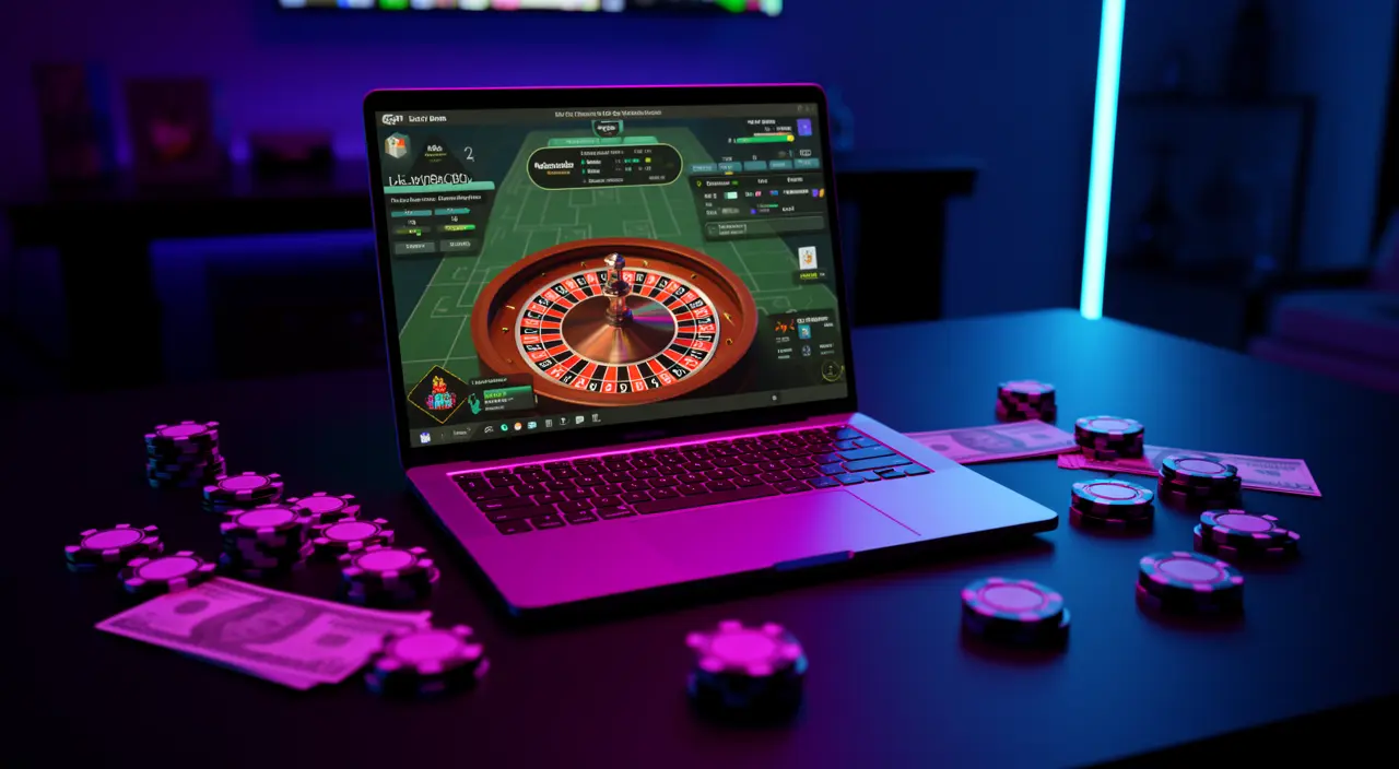 Futuristic online casino scene with live roulette on a laptop and colorful chips on a dark table highlighting the immersive BC8 casino experience in Malaysia