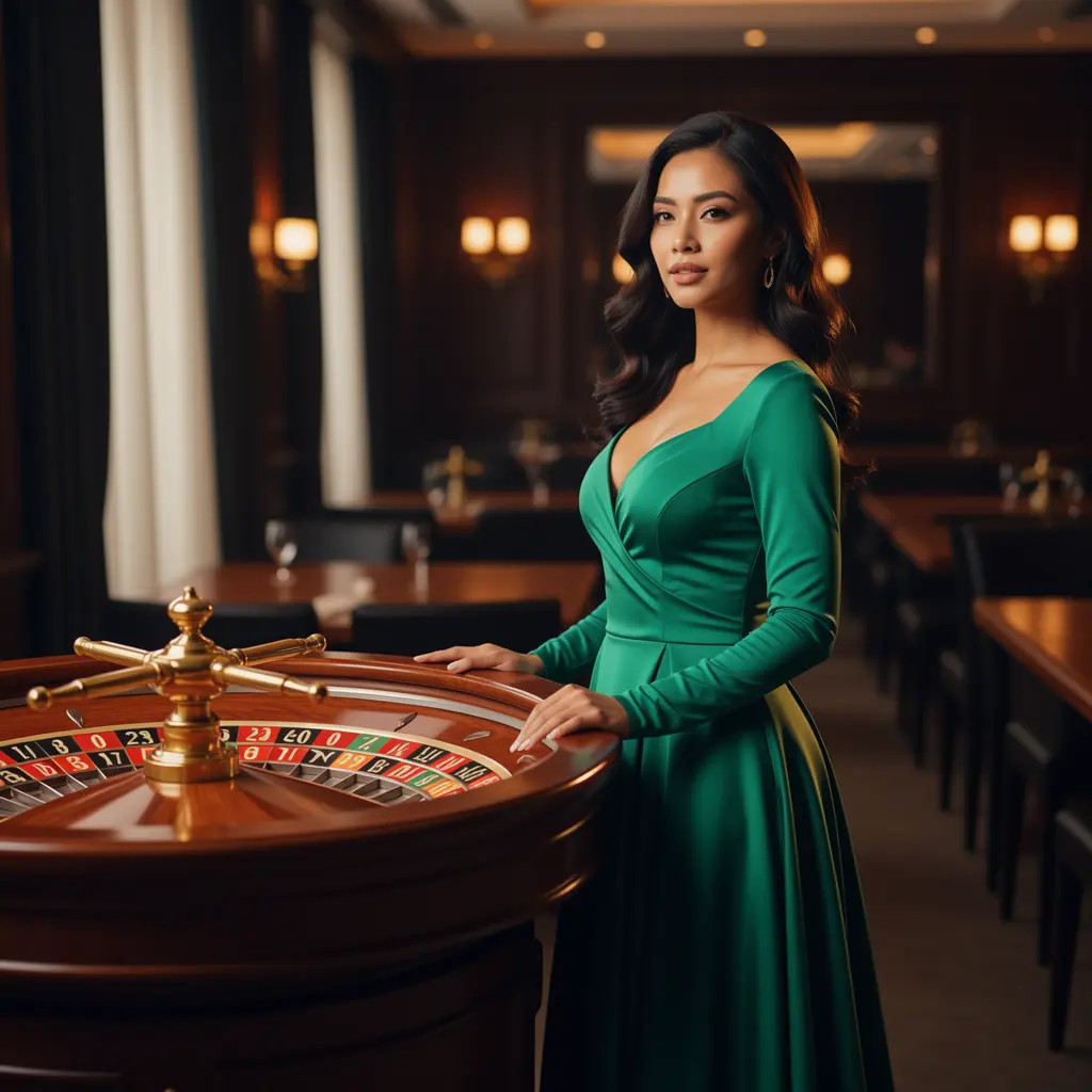 Elegant Malaysian woman in a luxurious green evening dress standing by a glowing roulette wheel inside the premium BC8 casino atmosphere