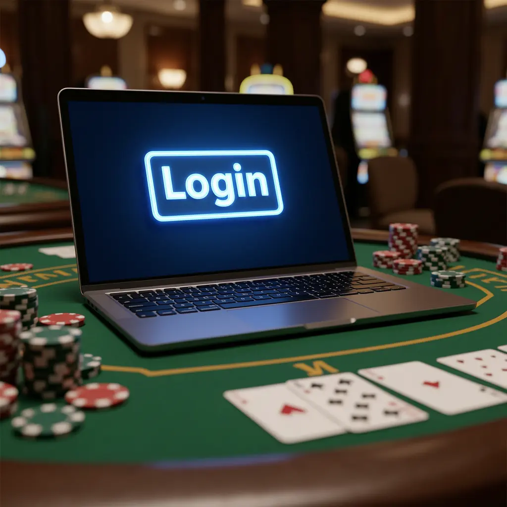 Close-up view of a laptop on a casino table with poker chips and cards, highlighting the BC8 login process for Malaysian users