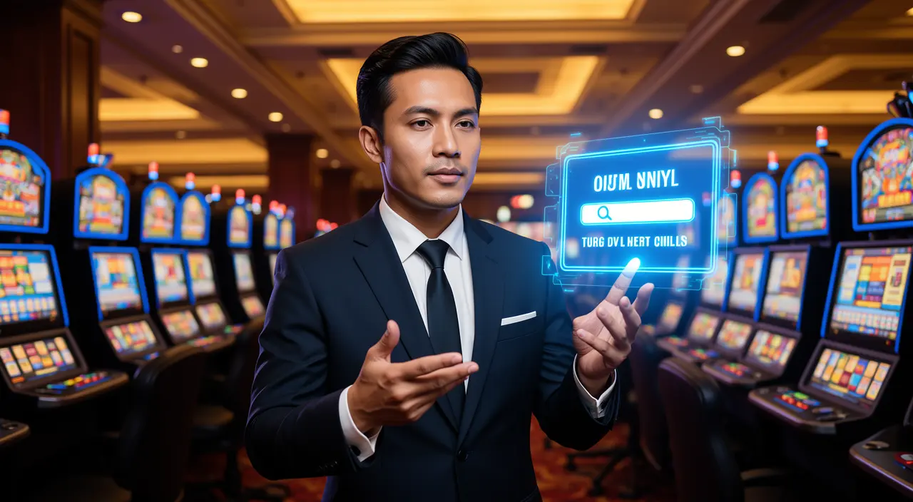 Professional Malaysian casino dealer pointing at a glowing holographic login button inside a high end casino atmosphere at BC8